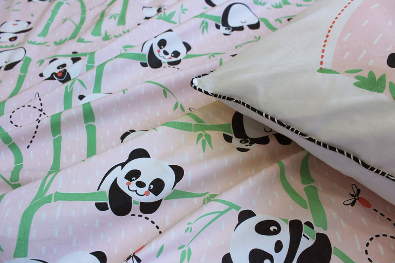 Silverlinen Panda Village 100% Cotton 250 TC Double Bedsheet for Kids Room for Girls with Two Pillow Covers - Pink