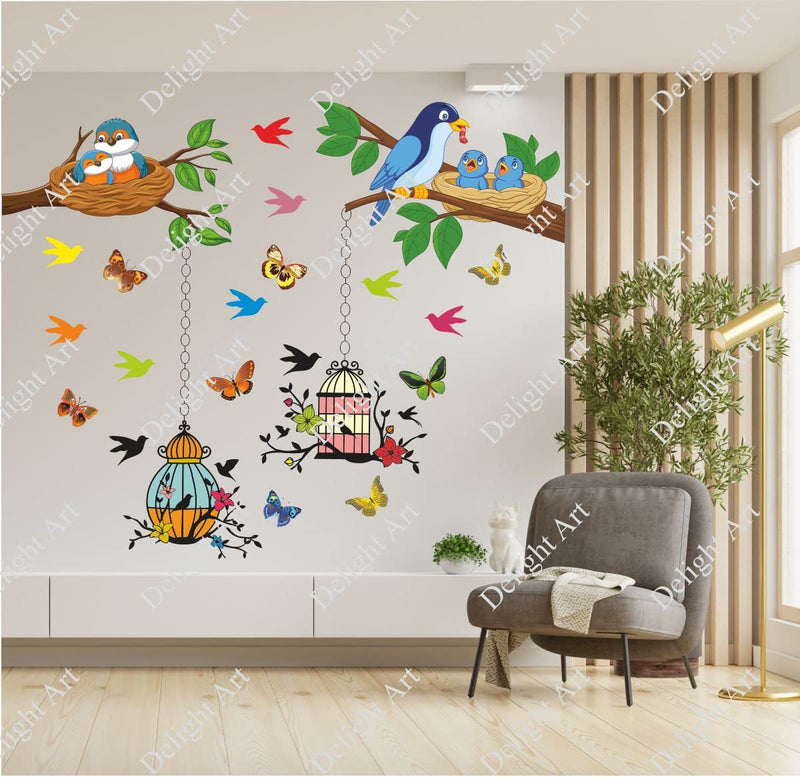 Delight Art Beautiful Butterfly-Birds-Tree-Hanging Cages Design Wall Sticker Size - (96 * 79) cm Model id - (DAMC01049L)