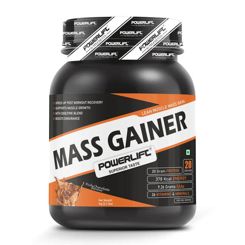 PowerLift Muscle Mass Gainers Protein Powder (1kg, Rich Chocolate) High Protein Gainer For Muscles Gain | With Digezyme Blend, added Multivitamins & Minerals