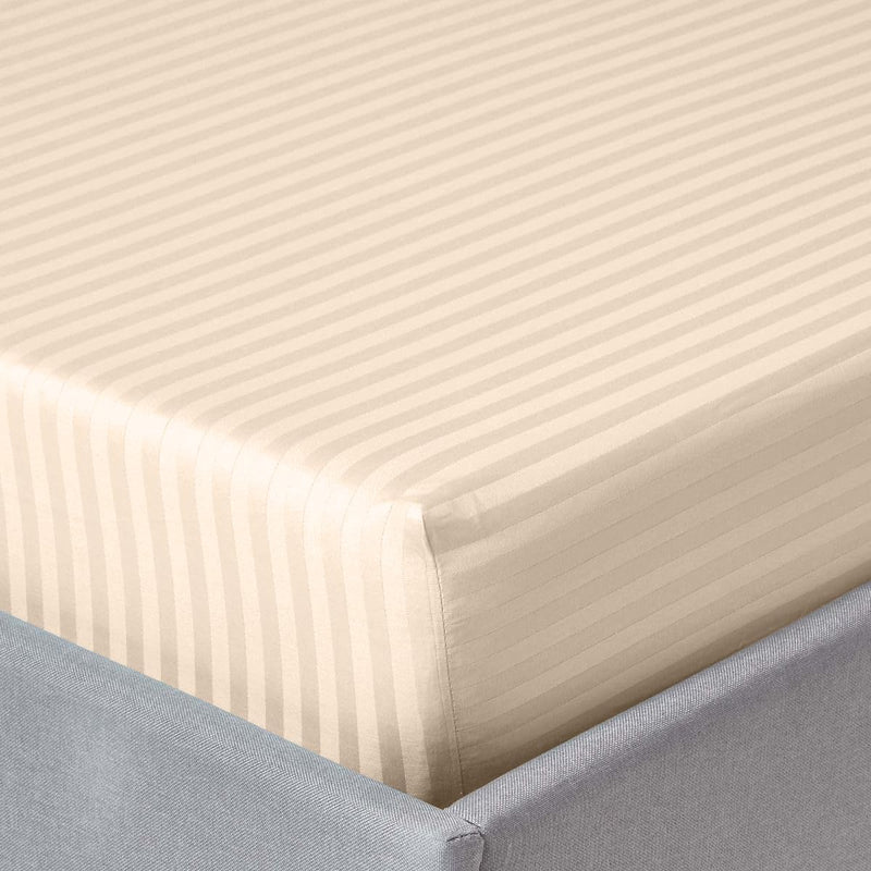 LINENWALAS 100% Cotton Stripe Fitted Sheet Single Size with 1 Pillow Cover, Hotel Quality 200 Thread Count Deep Pocket and Secure Elastic, Soft Bedsheet (Beige, Single - 36x78 Inches)