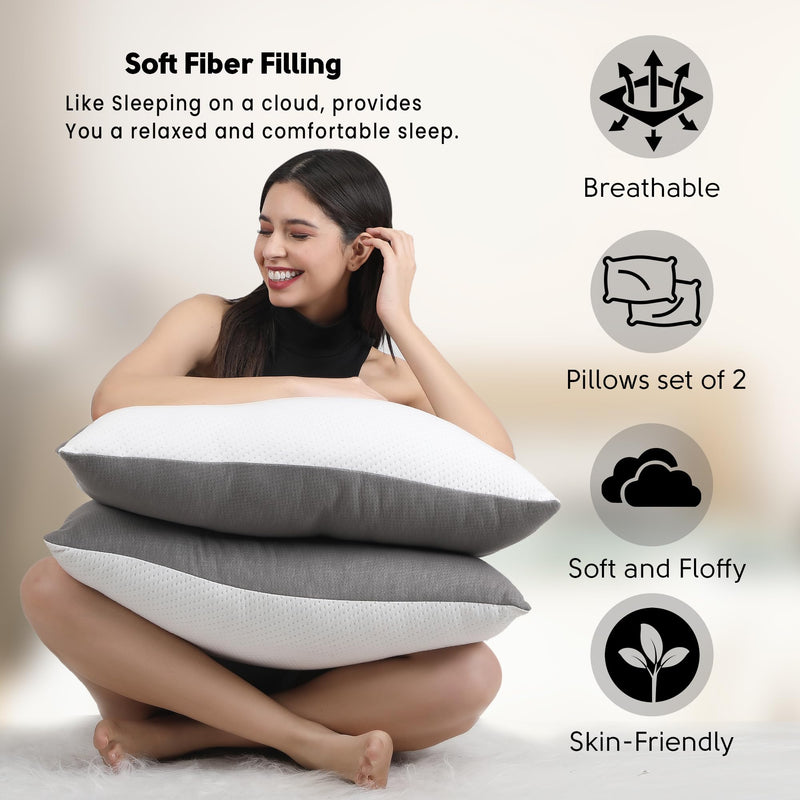 AVI Ultra Soft Jersey Height Adjustable Hollow Fibre Sleeping Pillow with Zip | Set of 2 (White and Grey, 27 X 16 Inches) | 3 Months Warranty