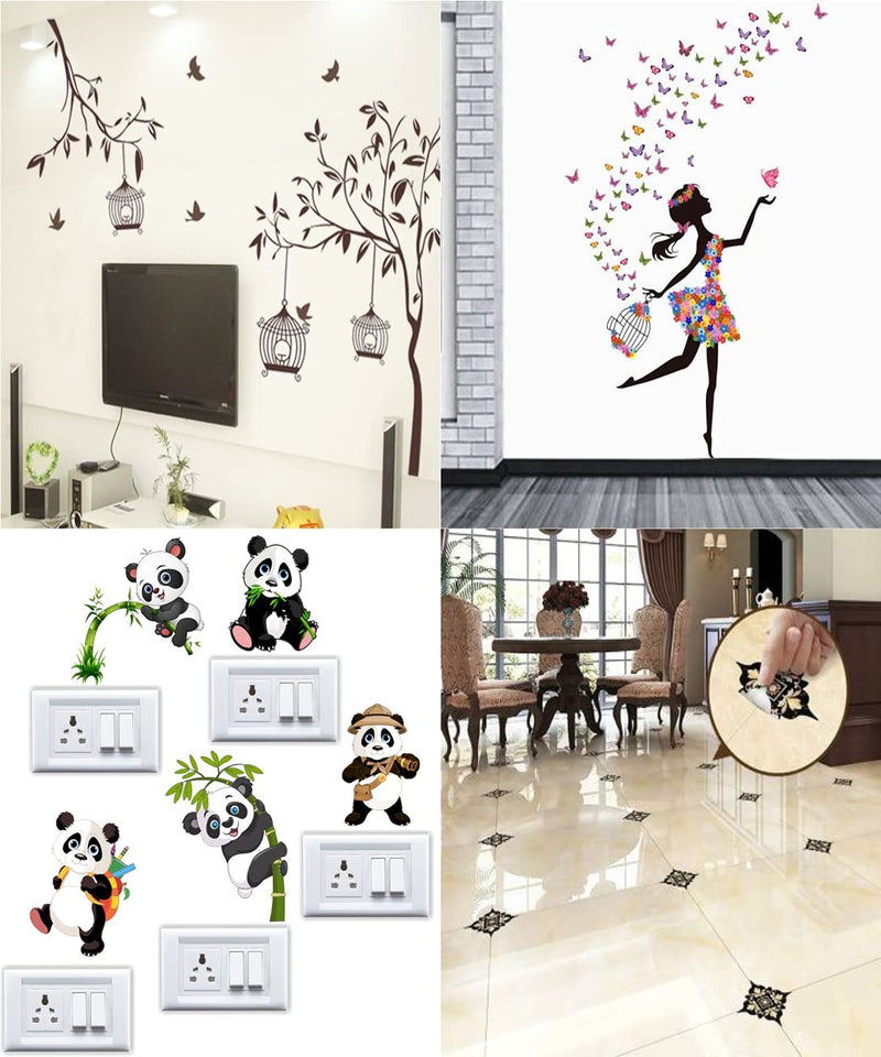 Ghar Kraft Set of 4 Wall Sticker Sb Panda | Free Bird Cage Brown | Dream Girl | Dream Girl | Dream Girl | Black with Golden Leaf Floor