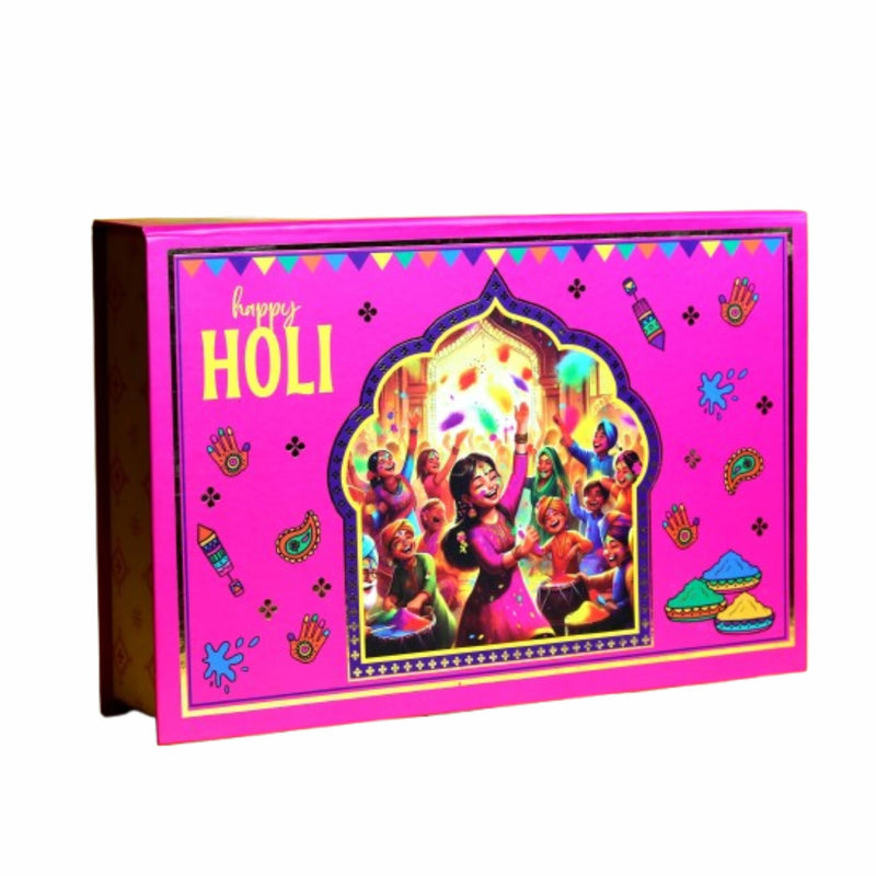 SPIRITUAL SOLUTIONS Holi Celebration Gift Box (HGB03) | Natural Herbal Gulal – Green, Pink, Red and Yellow | 2 Holi Cap | Holi T-Shirt | Gubbare | Chandan Tika | Shahi Thandai | Hand Towel