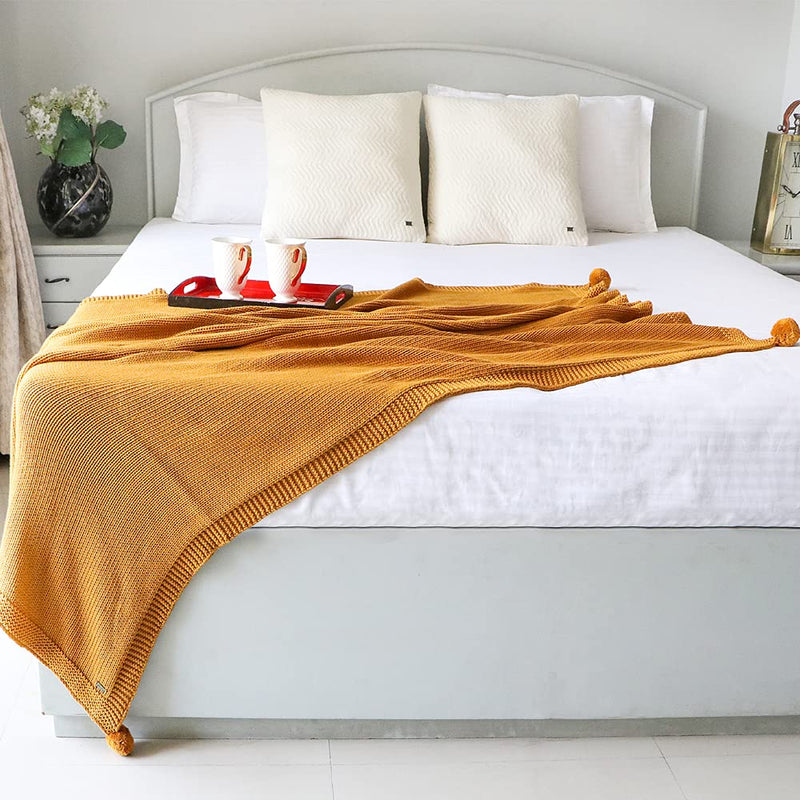 Pluchi Chunky Jersey Cotton Knitted All Season AC Throw Blanket in Mustard Color (125 cm x 150 cm)