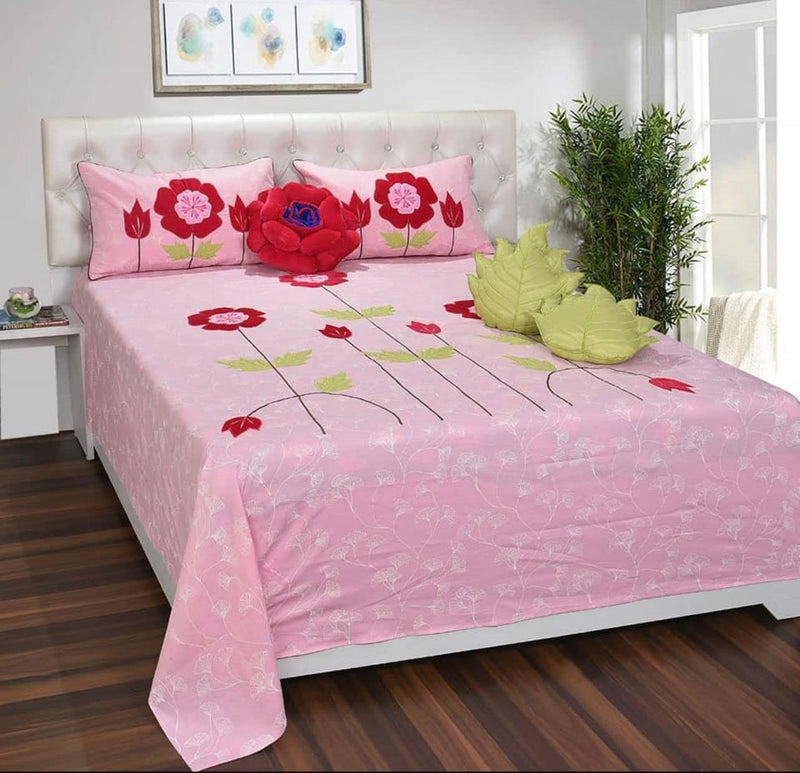 SHEYMOIL Presents Flower Patch Designer Cotton Double Bedsheet for Couples with 2 Pillow Cover and 2 Leaf cusions and 1 Flower cusion (Red)