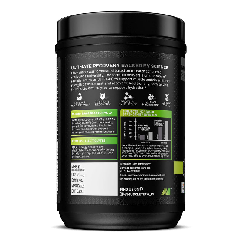 MuscleTech Eaa + Energy | Essential Amino Acids + 100Mg Caffeine | Replenish Electrolytes | Ultimate Recovery 7.4 G Eaa | 4.5G Bcaa | 3G Leucine | 30 Servings | Sour Apple, Powder