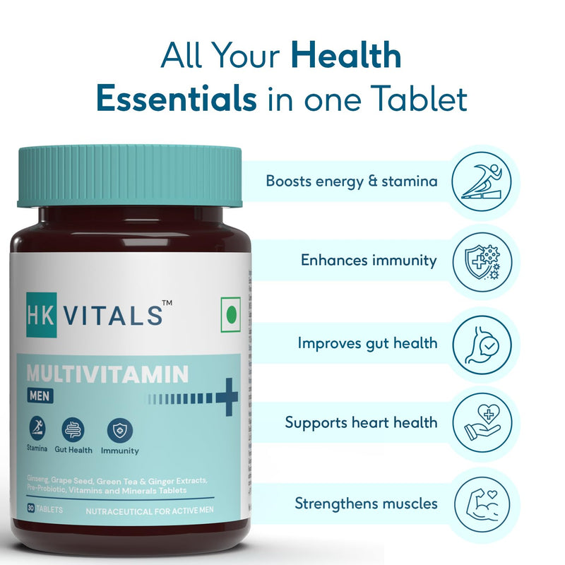 HealthKart HK Vitals Multivitamin Plus Men, 30 Tablets | Daily Multivitamin for Men, For Energy, Stamina, Immunity, Gut, Heart, Bone & Muscle Health