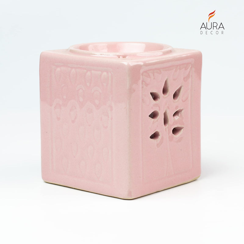 AuraDecor Handcrafted Small Ceramic Burner Square Shape with 1 T-Light Candle for Home Decorations (Pink)