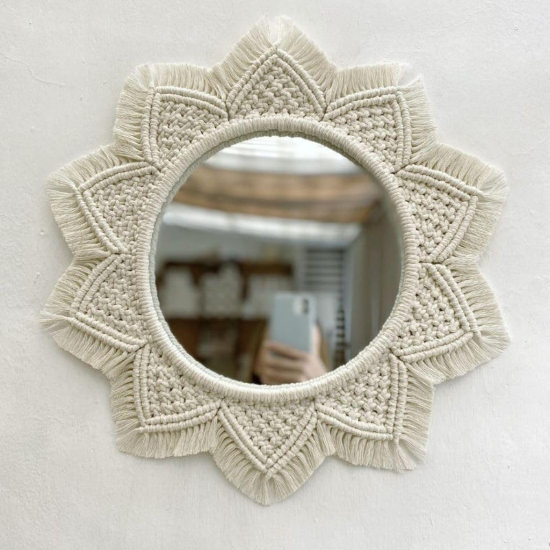 tms Bohemian Reflections Macramé Mirror with Fringe - Off-White, 10 Inch Mirror Diameter, 18 Inch Total Length- 1 Piece