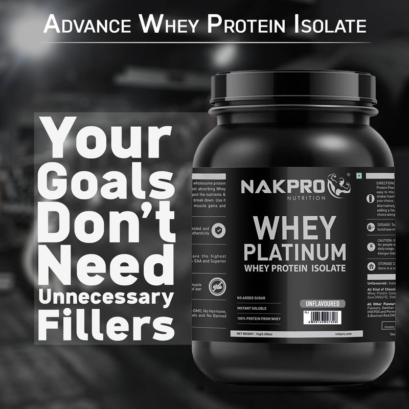 NAKPRO Platinum Whey Protein Isolate - JAR | 30.6g Protein, 7g BCAA | Easy Digesting Whey Protein Supplement Powder (1 Kg, Unflavoured)