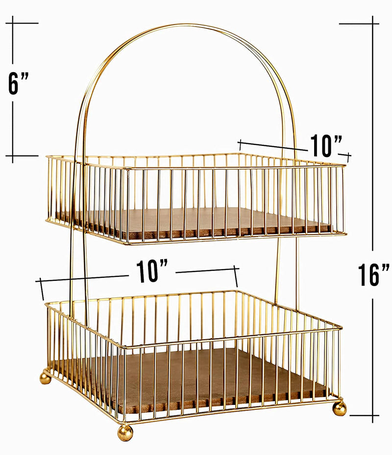 Craft Brio -A TRENDY HANDICRAFTS Metal and Wood Decorative Storage for Fruit Spice Vegetable Baskets in Kitchens - (Gold, Medium) 2 Tier, Hanging Shelves