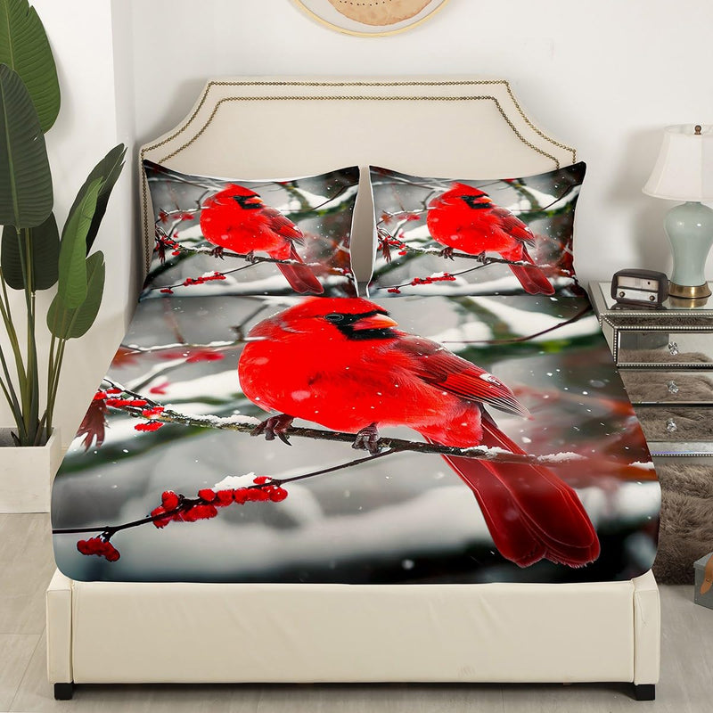 Boys Cardinals Fitted Sheet Queen Size,Red Sparrows Sheet Set Michigan Birds Bed Sheet Winter Tree Branch Bed Cover Finches Bedroom Decor for Kids Girls Teens