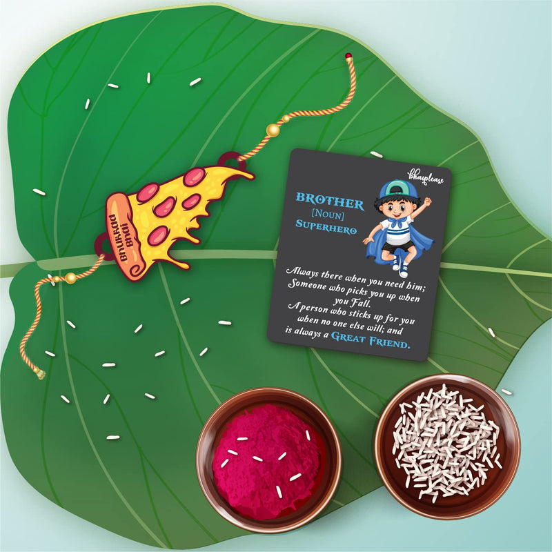 Bhai Please Bhukkad Bhai (Pizza) Rakhi with Brother is Superhero Fridge Magnet (Gift Combo for Bhai / Bhaiya) | Set of 1 pc Rakhi with Roli- Chawal and Fridge Magnet | With Raksha Bandhan Greetings