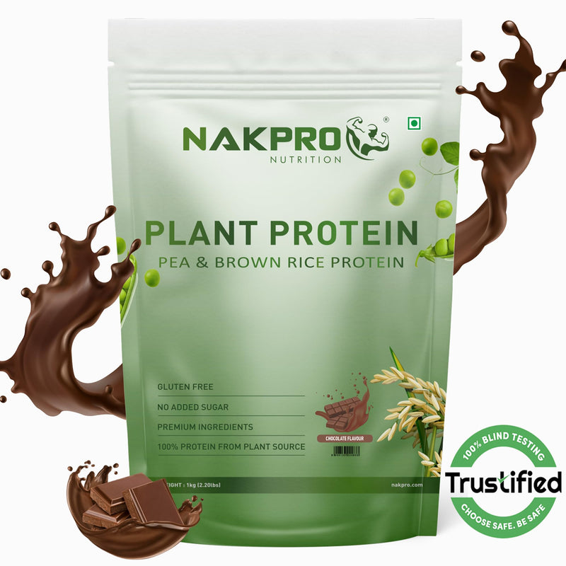 NAKPRO Vegan Plant Protein Powder| 25.21g Protein, 4.85g BCAA | Pea Protein and Brown Rice Protein Powder for Muscle Gain and Recovery | Plant based Protein for Men & Women (Chocolate, 1Kg)