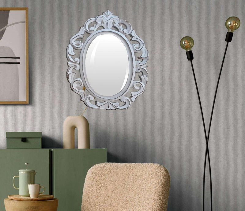 WILDWOOD Wood Wall Mirror, Oval Hanging Mirror, Original Antique Design, Hallway, Bathroom & Living Room White (12x18 Inch)