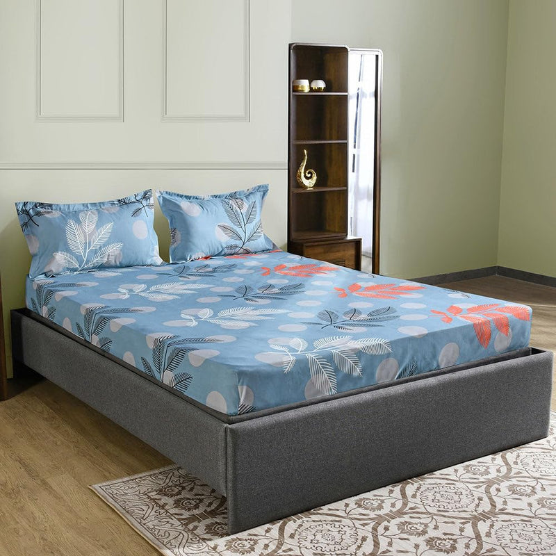 @home by Nilkamal Ammara Leaf Design Polyester Double Bedsheet with 2 Pillow Covers|90 GSM|Lightweight, Soft Seasons|Ideal for Gifting on Any Occassion|90 X 98 inch|Blue and Grey