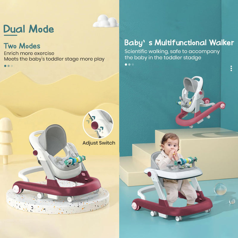 StarAndDaisy Tiny Baby Walker 2-in-1 for 6-18 Months Girsl and Boys, Infant & Baby Activity Walker, Adjustable Height, Musical Tray, Brakes Prevant from Falling, Walk Mood. (Maroon)