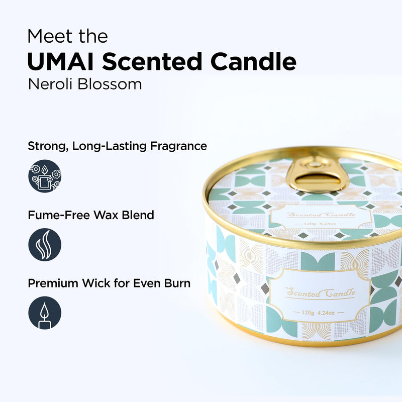 UMAI 4-in 1 Tin Plate Scented Candles for Home Decor | 16h Burn Time |Aesthetic Candles for Home| Aroma Candles- Neroli Blossom, Sandalwood, Peach Oolong, Japanese Plum Blossom | Gift Set| Pack of 4