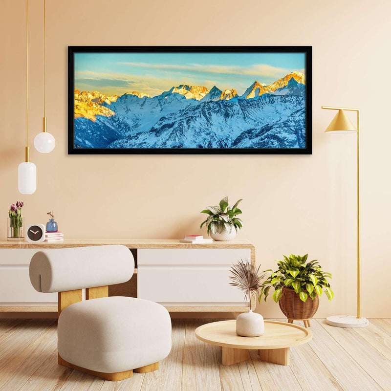 ArtzFolio High Mountains Peaks At Sunset | Canvas Painting for Bedroom & Living Room | Black Frame | 27.6 x 12 inch (70 x 30 cms)