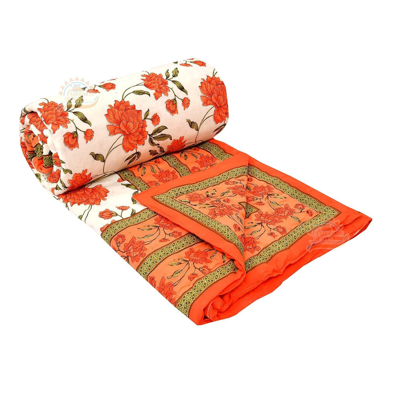 HOPEE SHOP Lightweight Pure Cotton Double Bed Soft Jaipuri AC Quilt/Floral Print Jaipuri Razai 300 TC Cotton Handmade Floral Printed Rajasthani Traditional Double Bed Jaipuri Orange Rajai