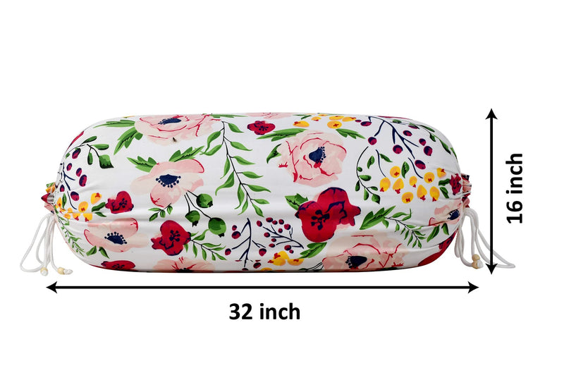 Kuber Industries Flower Printed Cotton Bolster Cover|Ideal 16x32 Inch Size|Soft & Smooth Cotton|Deewan Round Pillow Cover|Pack of 2 (White & Pink)-44KM0129