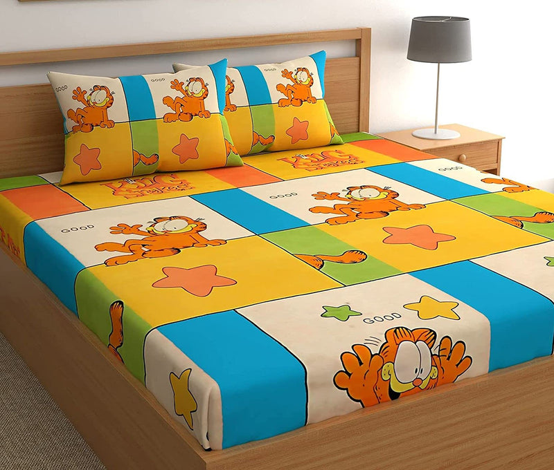 Mosho 180 TC Glace Cotton BedSheet for Double Bed 72x78x7 Inch Kids Cartoon Print Elastic Fitted (Orange Garfield)