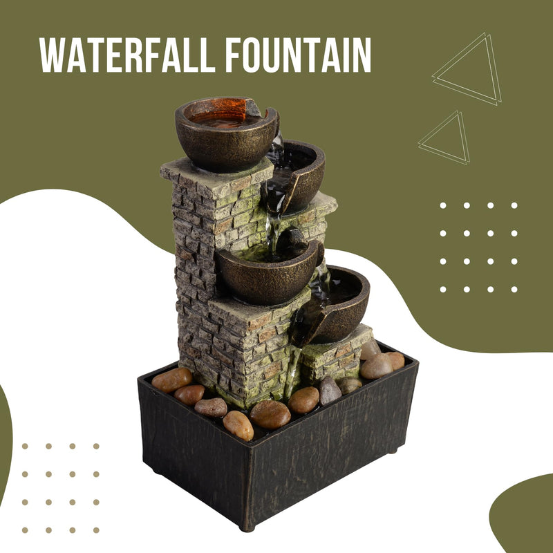 9.3 Inches 4-Tier Cascading Bowl Fountains Indoor Waterfall Fountain Relaxation Water Fountains Meditation Tabletop Fountain Artistic Desk Fountains with LED/Rocks Home/Office Decoration