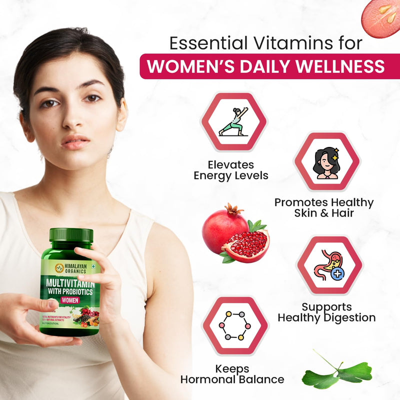 Himalayan Organics Multivitamin With Probiotics Supplement For Women With 60+ Essential Ingredients | Multiminerals For Immunity and Energy, Hair, Skin & Bone Support - 120 Veg Tablets