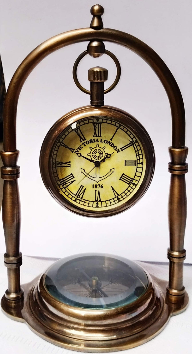 Antiques Era Brass Nautical Victoria Antique, Desk Clock/Table Clock, with Direction Compass (Brown Antique Finish)