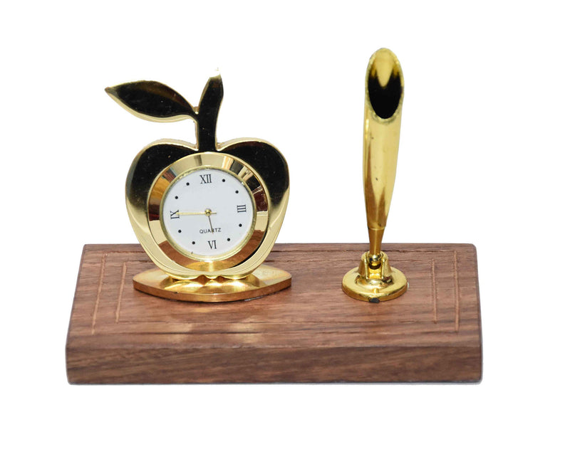 Msa Jewels Gold Plated Table Clock and Pen Holder with Red Velvet Box -Ideal Gift for Loved Ones