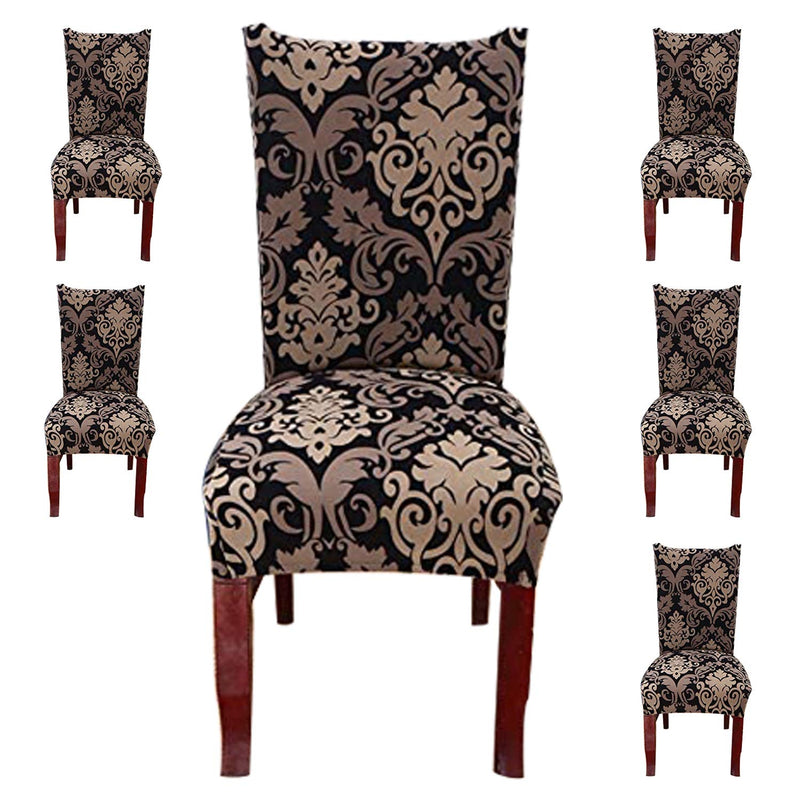 Styleys Polyester, Polyester Blend Stretchable Printed Washable Elastic Dining Chair Covers (SLMC123 Royal Black/Gold, Large) - Set of 6
