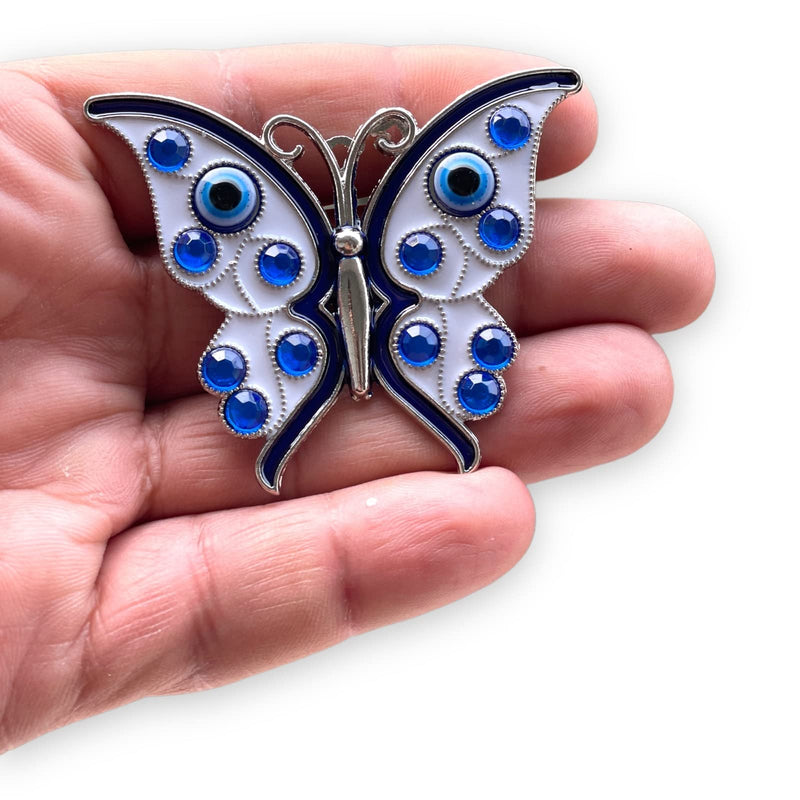 BLUE BEADS Silver Butterfly Turkish Evil Eye Fridge Refrigerator Sticker Magnet - Sign of Good Luck & Protection Unique Souvenir Items Home and Office Decorative Things & Car Accessories