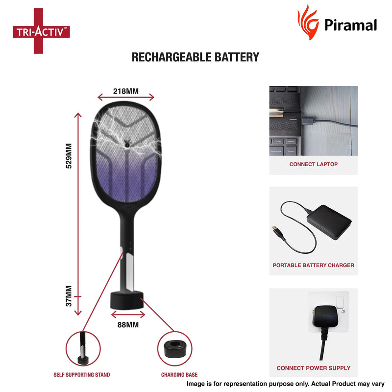 Tri-Activ Mosquito Racket I 2-in-1 Rechargable Bat + Zapper by Piramal I UV Light & Self-Supporting Stand I Insect Killer & Fly Swatter I 1200 mAh Li-ion Battery (Black)