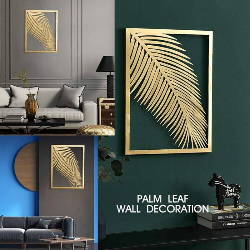 ATEEFA HOME DECOR 2 Pieces gold Metal Palm Leaf Wall Decor Home Art Set | Metal Wall Hanging Art Antique Style Wall Decor Restaurant | Hotel | Home | Bedroom | Living Room (Set of 2) (double leaf golden)