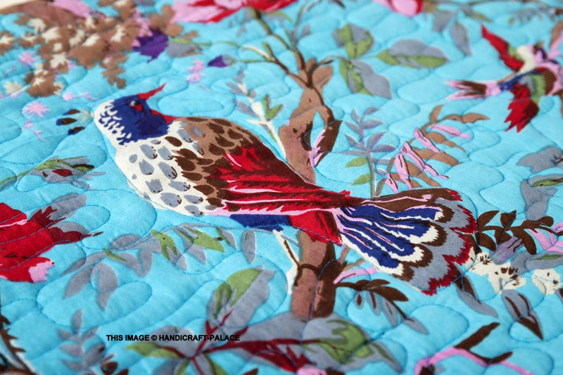 Ravaiyaa - Attitude is everything Machine Quilted Soft Cotton Sofa Throw Handmade Bird Printed Blanket Bedroom Decor Throw 50"x70" (Turquoise)