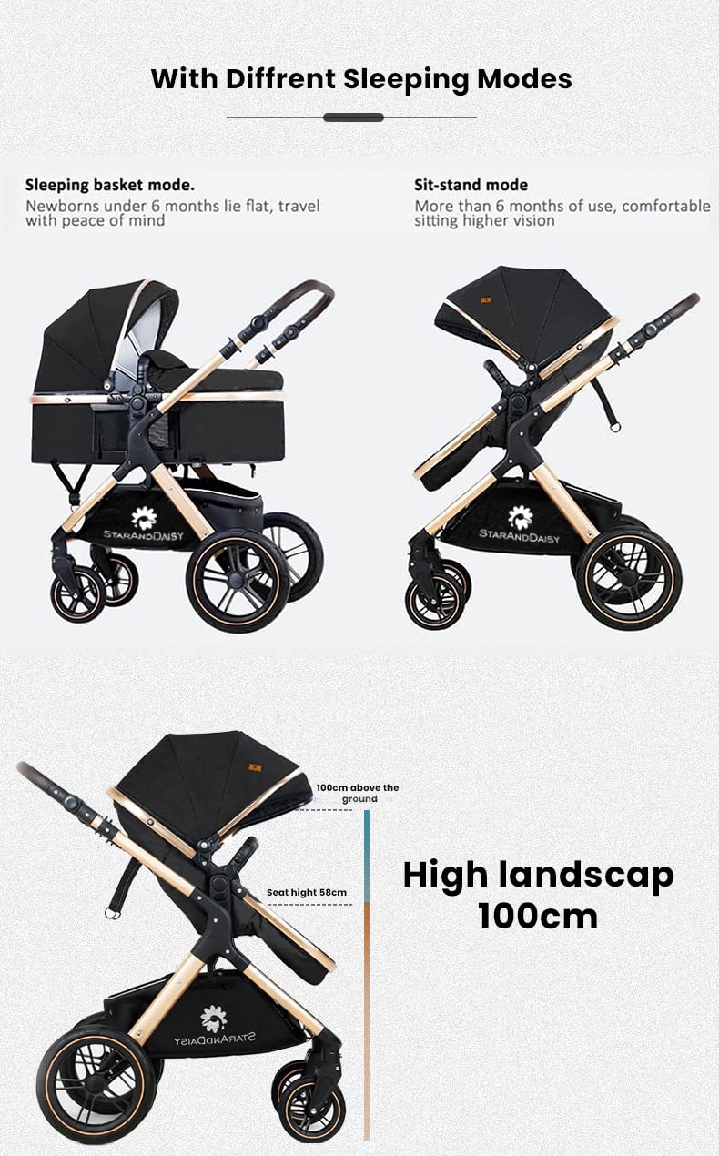 StarAndDaisy Baby Strollers / Pram for 0 to 5 Years Girl & Boy with Foldable Design, Luxury Look, Shock Absorber Large Wheel, Easy to Convertible Seat and Sleep Mode Reversible Bassinet, 5 Point Safety Belt, Washable Fabric - (Black with Golden Tubes)