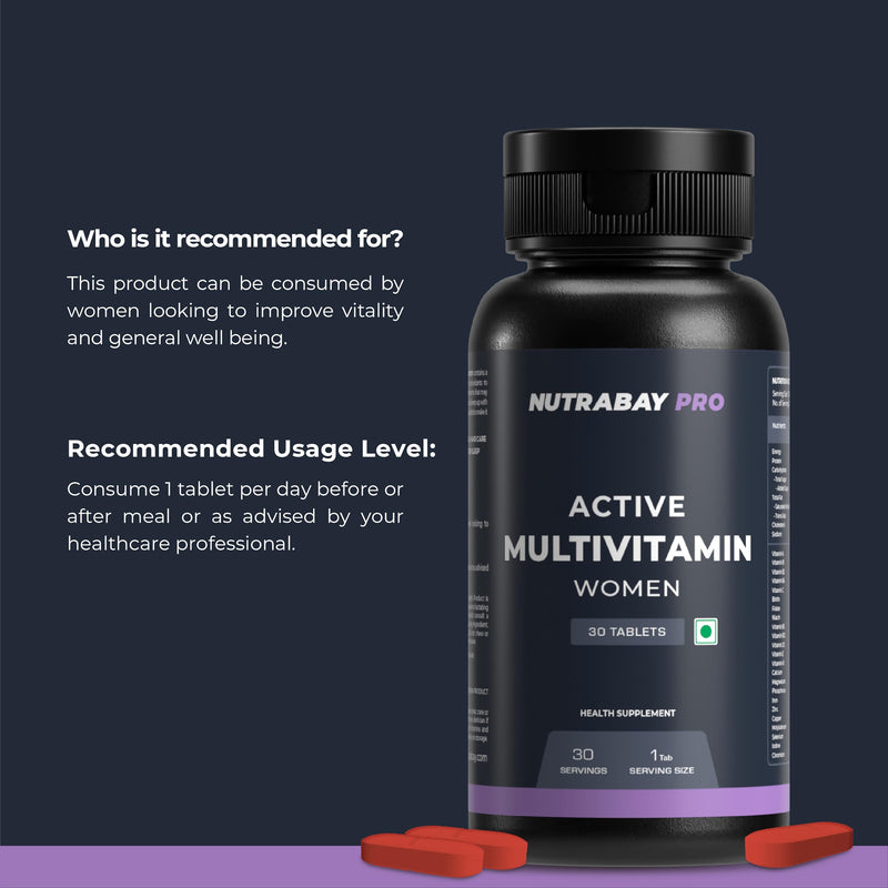 Nutrabay Pro Active Multivitamin for Women - 30 Tablets | Effective Doses of Iron, Vitamin A, B5, B6, C, D, E & K and Multiminerals | Immunity, Hair, Skin, & Bone Support