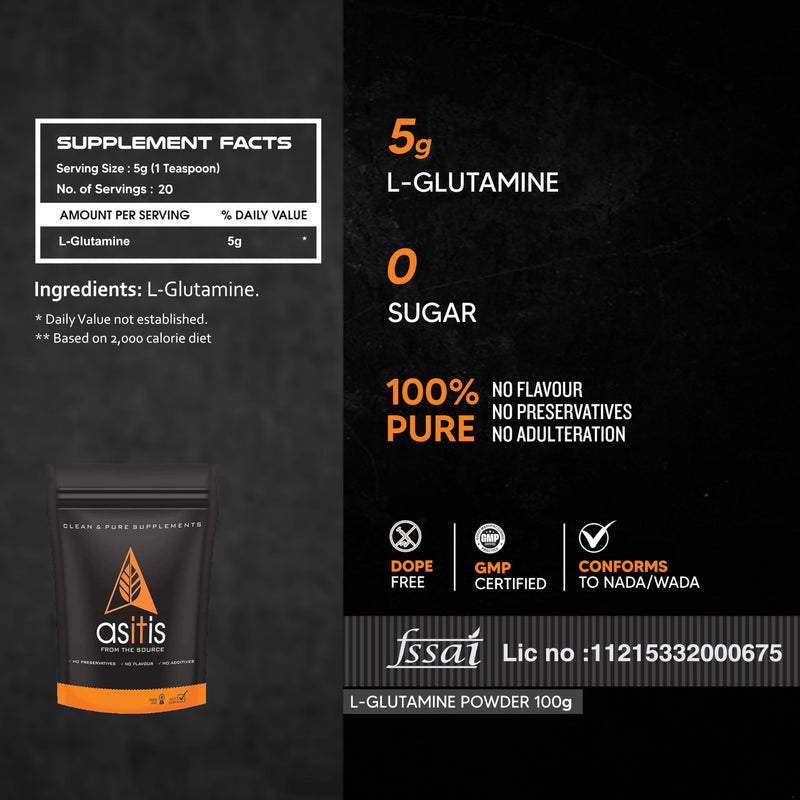 Asitis Nutrition L-Glutamine For Muscle Growth And Recovery (100Gm Powder)