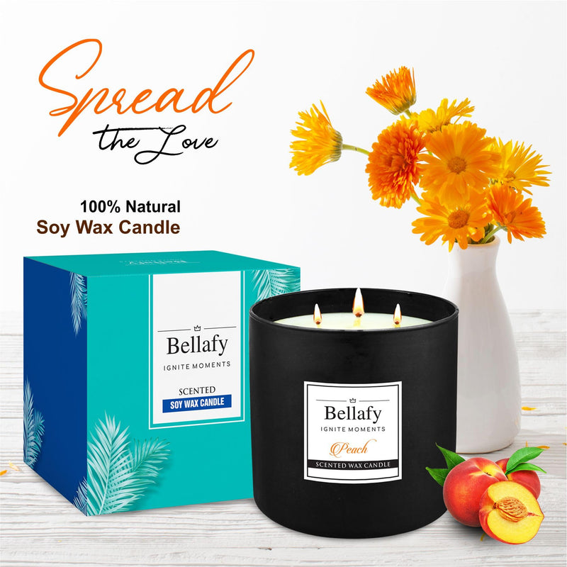 Bellafy 3-Wick Peach Scented Soy Wax Candle | Burns 40 Hours | Eco-Friendly Luxury for Healthier Homes | Captivating Aromas | Zero Petro Carbon | Natural Beauty & Blissful Fragrances