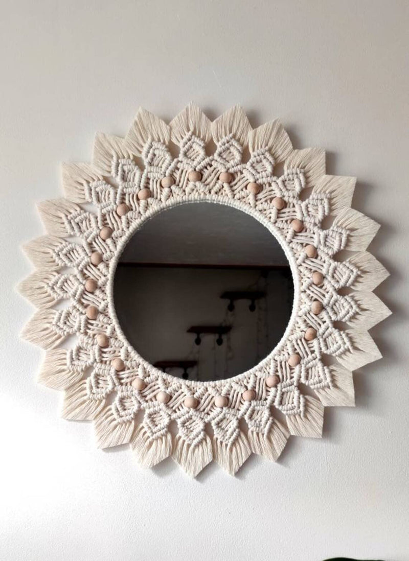 URHAN Macrame Hanging Wall Mirror with Macrame Round Mirror Art Boho Decor MM013