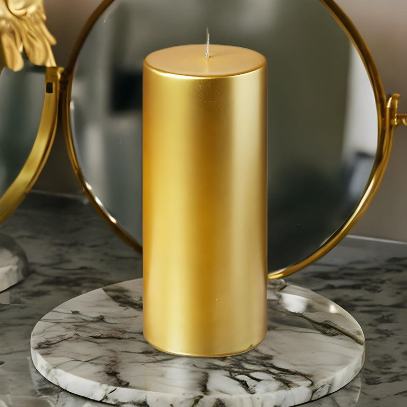 Atorakushon Set of 2 Round Metallic Golden Tall Pillar Candles 5'' Inches Smokeless Dinner Candles for Household Weddings Birthday Party Spa Church Home Décor Gift Valentines