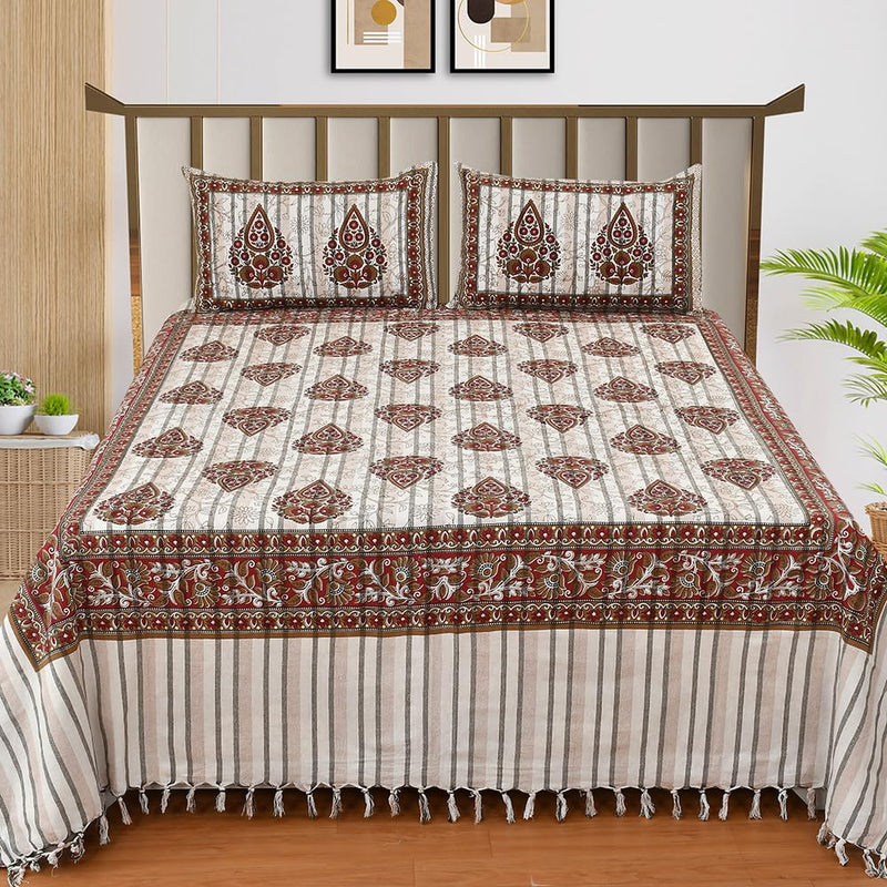 BSB HOME 100% Cotton Handloom Indian Khadi Bedsheet with Traditional Block Print Jaipuri Designs Handmade Woven Striped 90 x 100 inch 210 Threadcount - White and Maroon