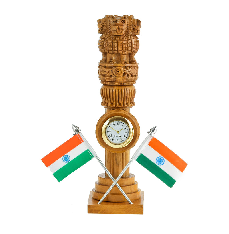 Kaka jiji Handicraft Wooden Carved Ashoka Stambh Pillar With 2 Flags & Analog Clock For Office And Study Table Ii Brown Color Pack Of 1 (2.4Wx2.4Lx8.5H Inches)