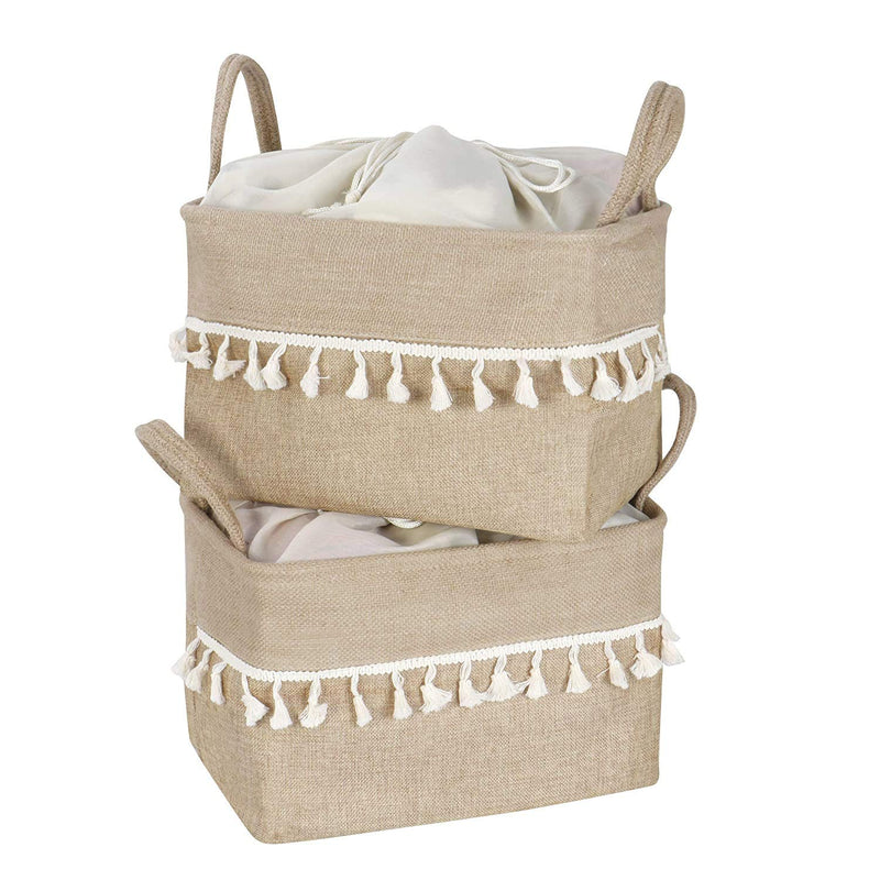 HomeStorie Jute Eco-Friendly Foldable Clothes Storage Basket Bin Organizer (Brown, Large, AR2093-L*2) - Set of 2