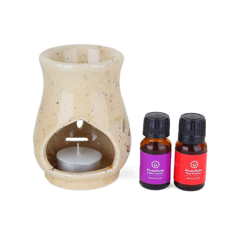 CHAECO Aroma Diffuser, Ceramic Oil Burner Tea Light Candle Diffuser Oil Warmer for Home Fragrance with 2 Tea Light Candles and 1 Aromatic Oil (English Lavender 10ml) Off White Diffuser Pot