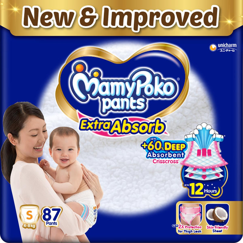 MamyPoko Pants Extra Absorb Baby Diapers, Small (S), 87 Count, 4-8kg