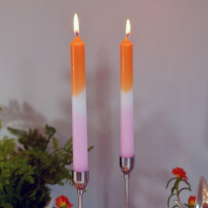 8 Piece Orange, Pale Pink, White, Gradient Taper Candles, 2 Boxed Sets of 4, Hand Dipped, Dripless, 7 Hours Burn Time, Paraffin Wax, 7.75 Inches