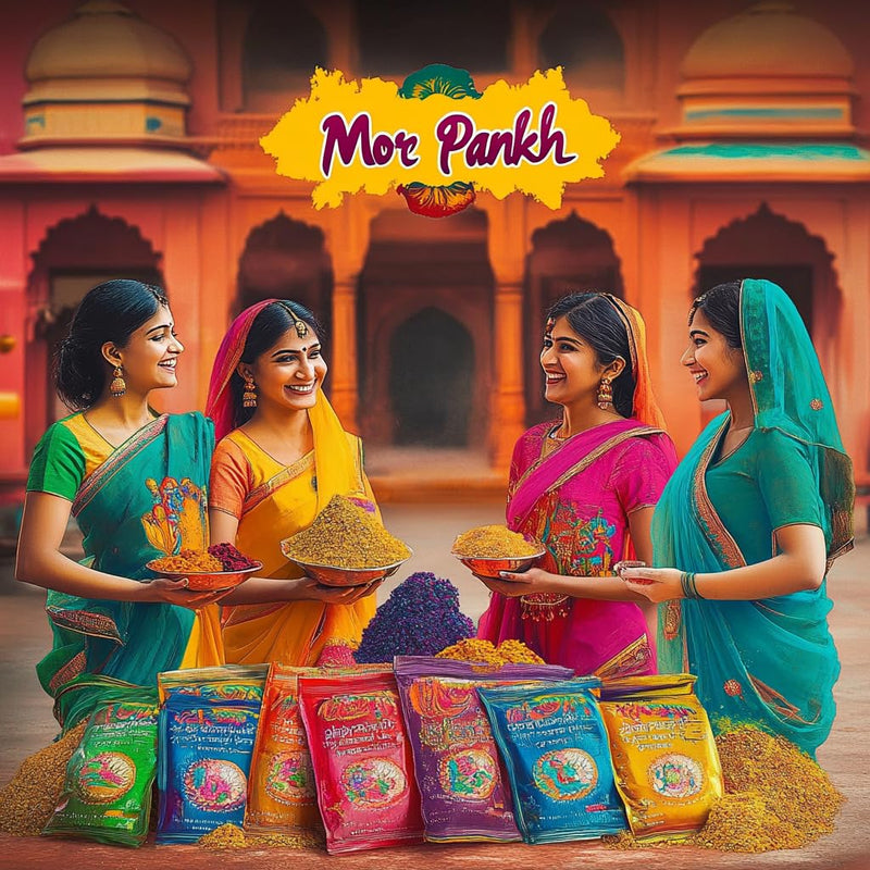 Nivasam Mor Pankh Herbal Holi Gulal + Water Balloons Combo - Holi Items- Pack of 5-80gm x 5 - Holi Gift Pack -for Family, Party, Silky, Soft & Skin Friendly, 100% Safe