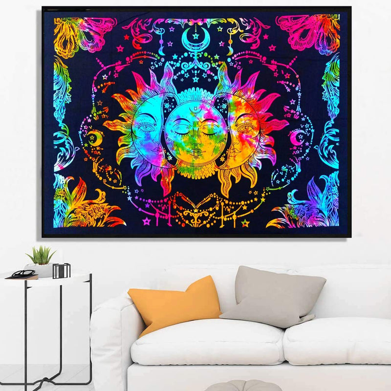 Raj Handicrafts Cotton Psychedelic Sun Moon Tie Dye Mandala Hippie Hippy Celestial Indian Bohemian Wall Hanging Tapestry Poster (Multicolour, 40X30 Inches)