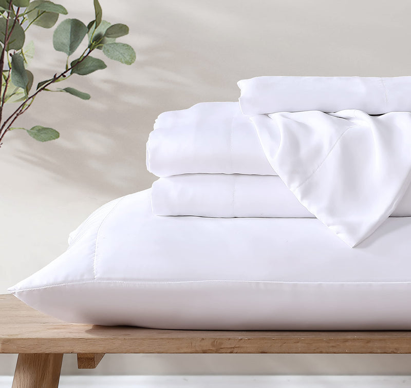 Ethos Natura 100% Eucalyptus Certified Tencel Lyocell Sateen Sheet Set, 400 Thread Count, Silky Smooth Cooling Sheets for All-Season, Sustainably Made, Moisture-Wicking, Hypoallergenic - Queen, White